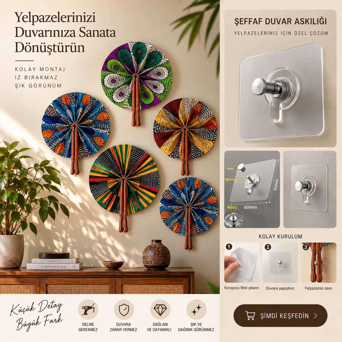 Şeffaf duvar askılığı - yelpazeleri duvara asan şık çözüm
