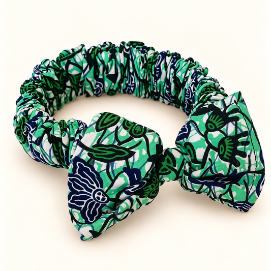 Bandana Fiyonklu – Mint Yeşili Lacivert Tropikal Yaprak Kelebek Motifli