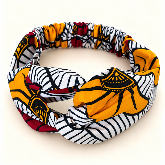 Bandana Geçmeli – Beyaz Siyah Çizgili Altın Sarısı Bordo Kalkan Motifli
