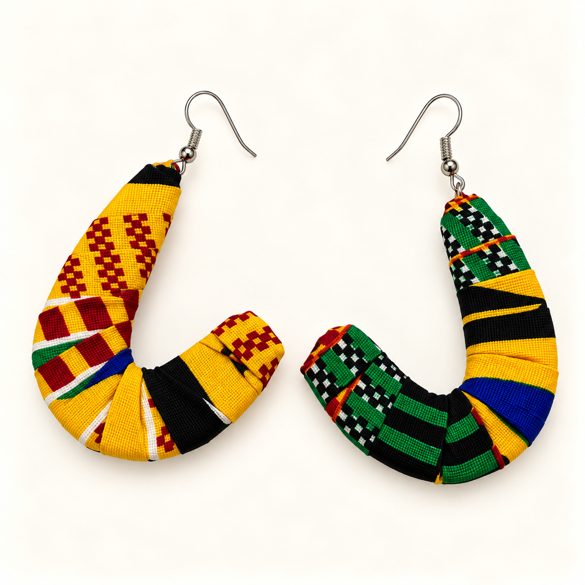 Kumaş Küpe – Sarı Yeşil Kırmızı Kente Patchwork At Nalı Model